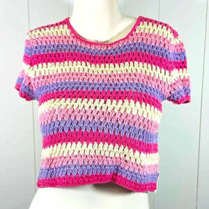 NWT Nouveau Monde womens front pink knit crop top shirt short sleeve sz small